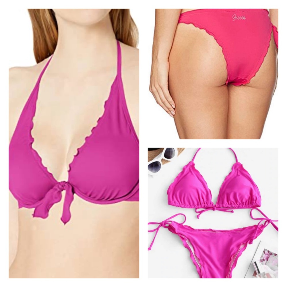 NWT GUESS HOT PINK CHEEKY LETTUCE RUFFLE BIKINI